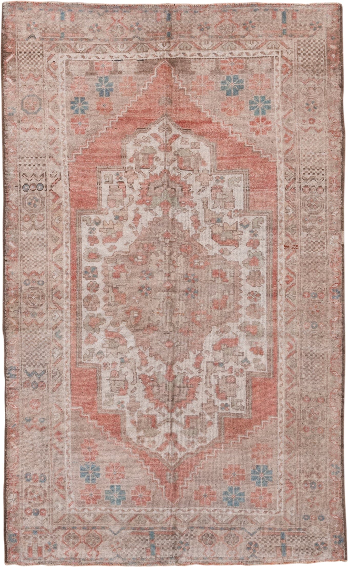 4' x 7' one-of-a-kind handmade vintage Oushak rug. Color palette: blush, taupe, ivory, coral, dusty blue, beige, pink, gray