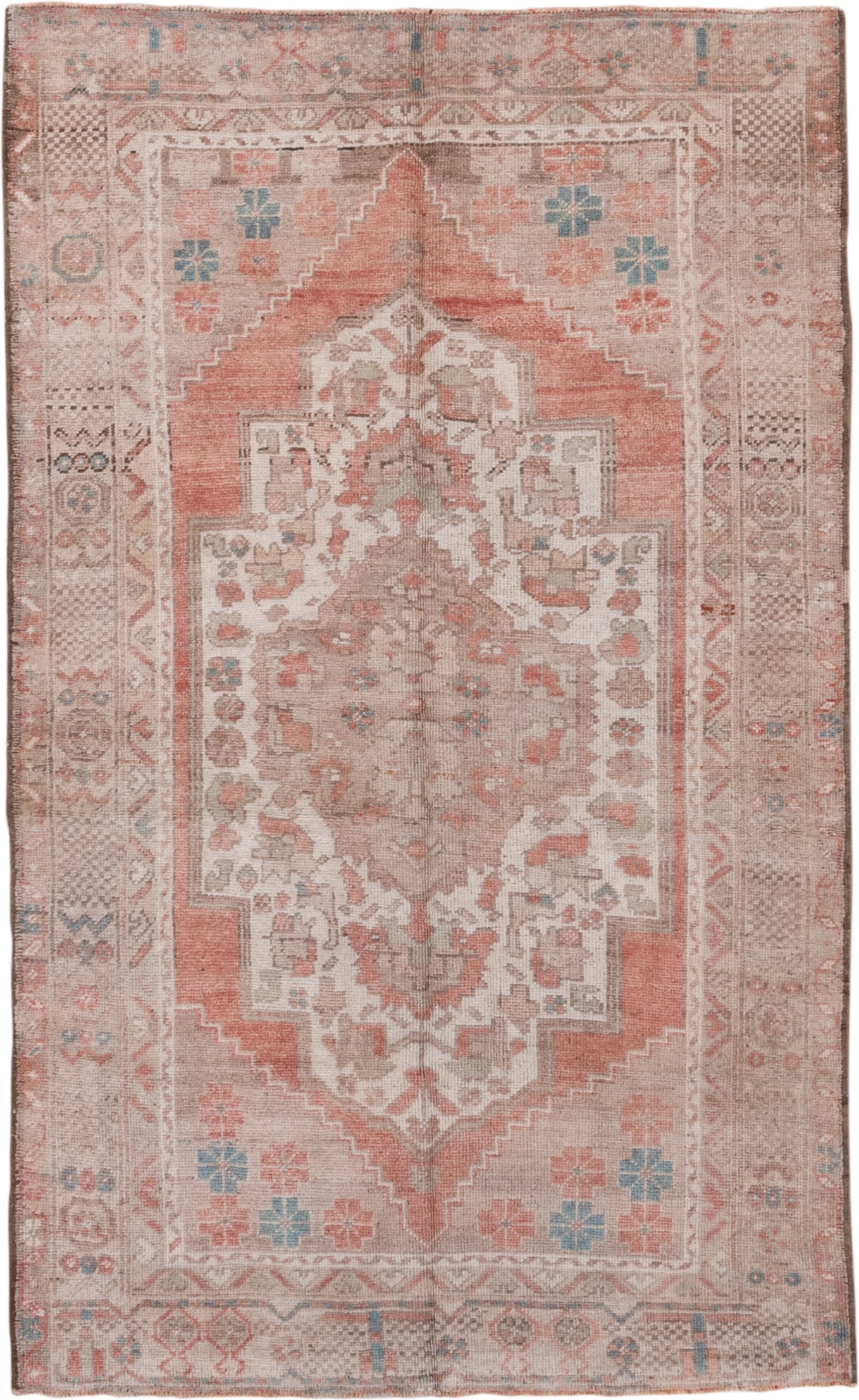 4' x 7' one-of-a-kind handmade vintage Oushak rug. Color palette: blush, taupe, ivory, coral, dusty blue, beige, pink, gray