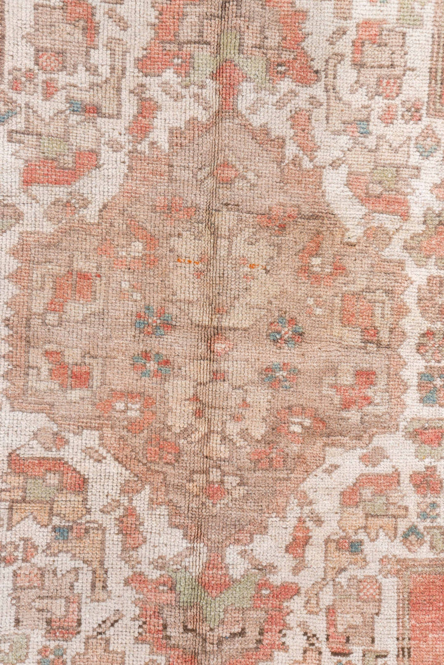 4' x 7' one-of-a-kind handmade vintage Oushak rug. Color palette: blush, taupe, ivory, coral, dusty blue, beige, pink, gray