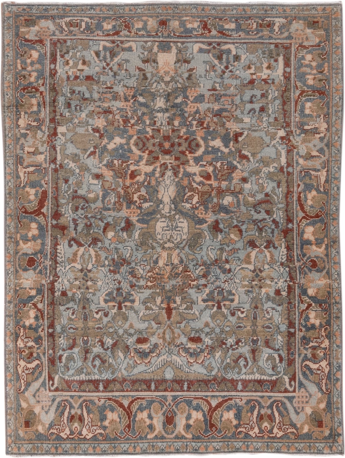 3' x 4' one-of-a-kind handmade vintage Sivas small size rug. Color palette: blue, ivory, rust, taupe, camel, sage