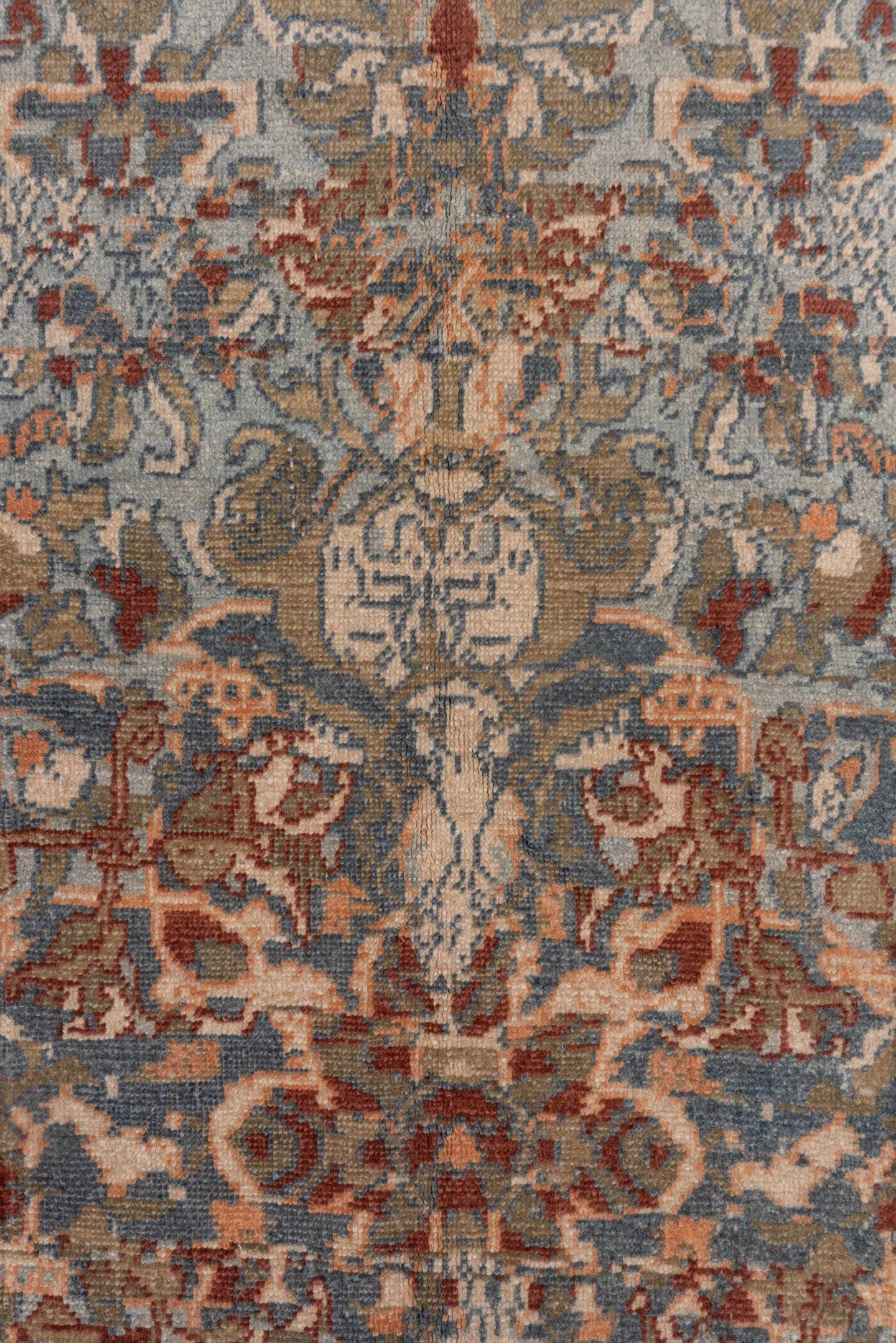 3' x 4' one-of-a-kind handmade vintage Sivas small size rug. Color palette: blue, ivory, rust, taupe, camel, sage