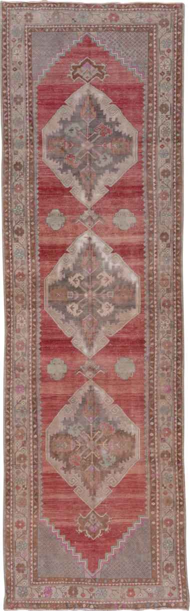 3' x 11' one-of-a-kind handmade antique Oushak runner rug. Color palette: rose, taupe, ivory, brown, dusty pink, sage