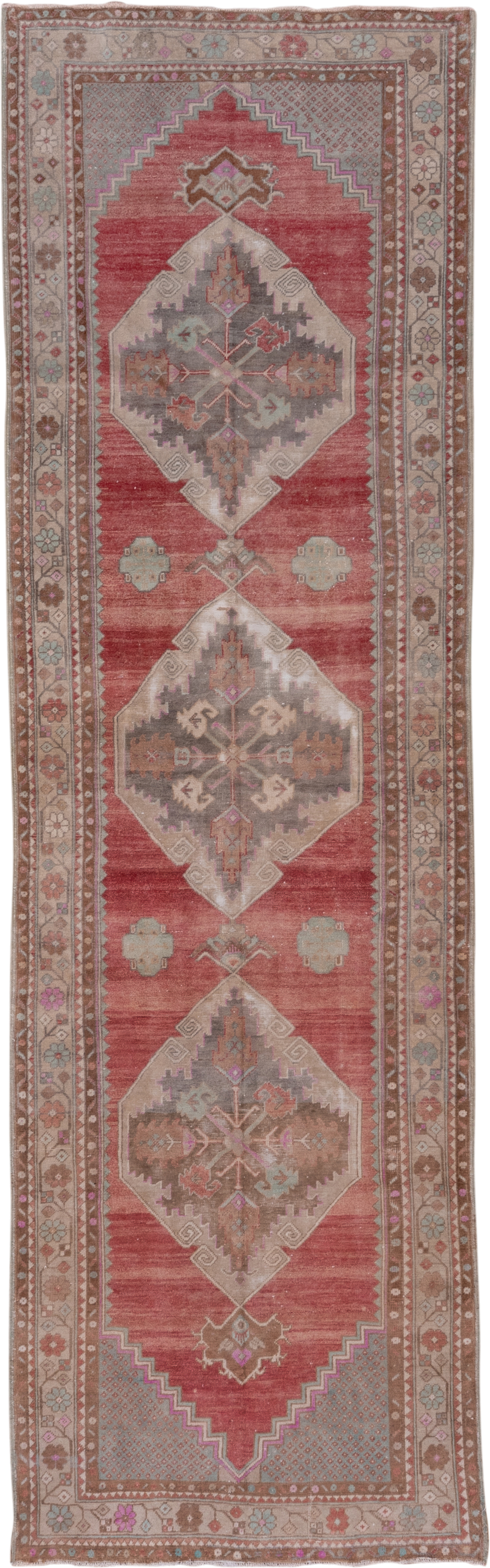 3' x 11' one-of-a-kind handmade antique Oushak runner rug. Color palette: rose, taupe, ivory, brown, dusty pink, sage