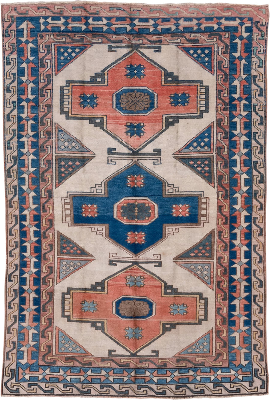 4' x 6' one-of-a-kind handmade vintage Oushak small size rug. Color palette: ivory, blue, coral, slate, taupe, terracotta