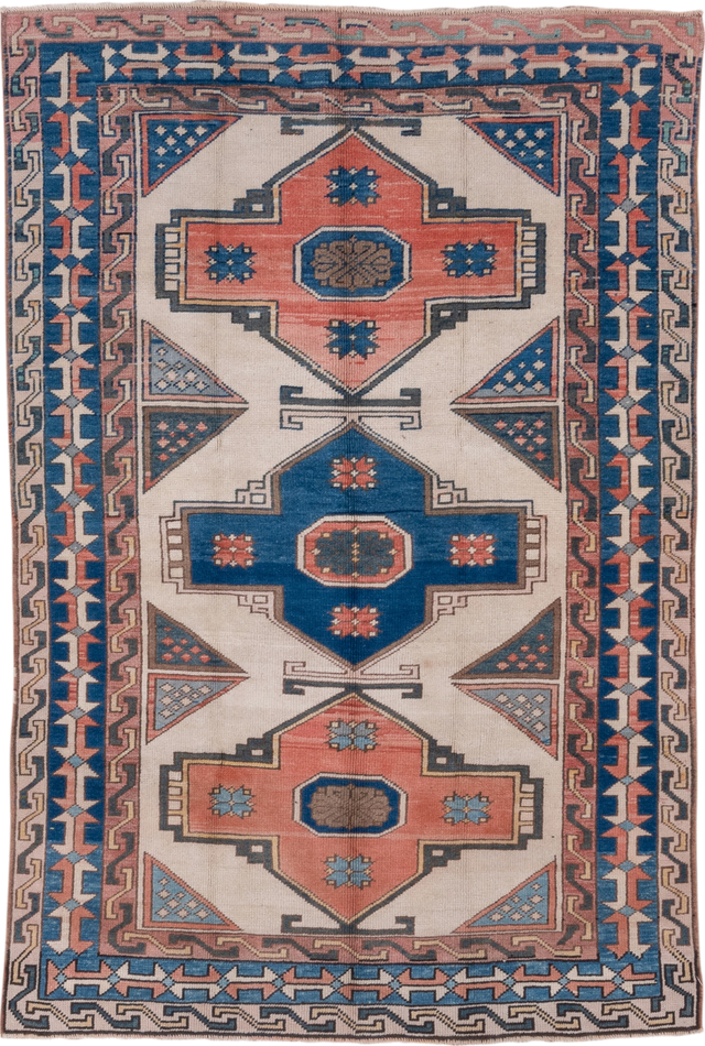 4' x 6' one-of-a-kind handmade vintage Oushak small size rug. Color palette: ivory, blue, coral, slate, taupe, terracotta