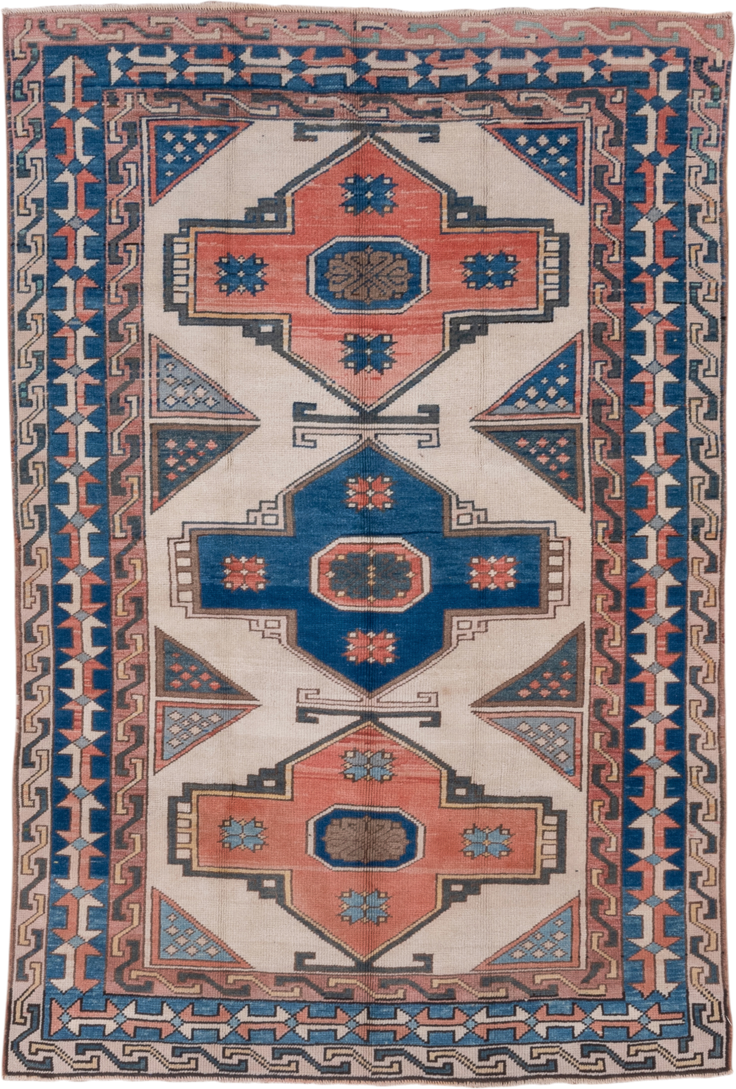 4' x 6' one-of-a-kind handmade vintage Oushak small size rug. Color palette: ivory, blue, coral, slate, taupe, terracotta
