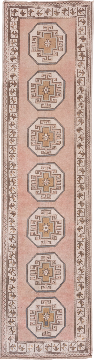 2' x 11' one-of-a-kind handmade vintage Oushak runner rug. Color palette: blush, ivory, taupe, camel, beige, soft gold, pink