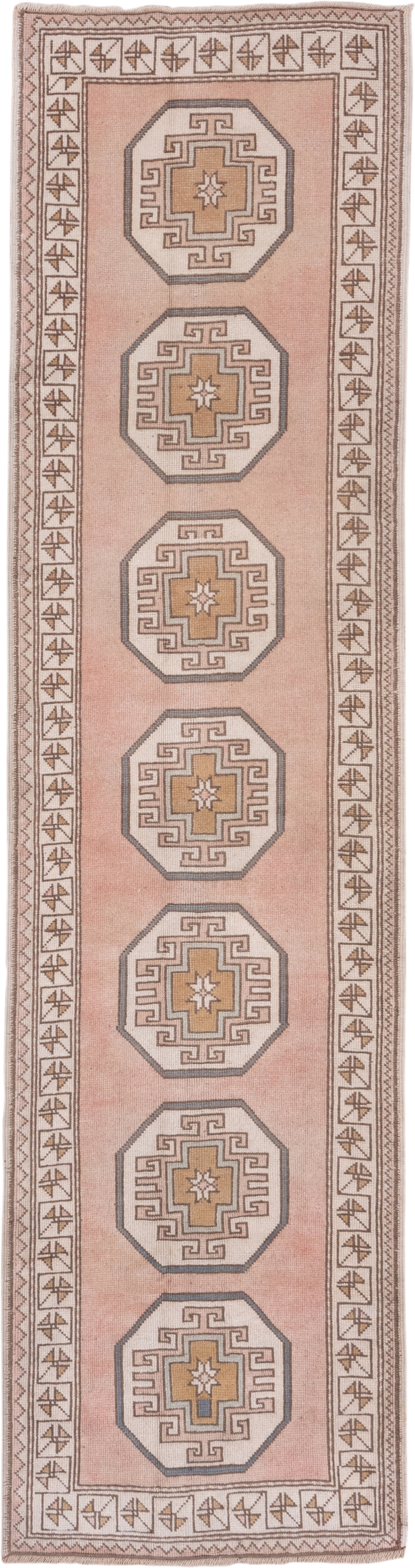 2' x 11' one-of-a-kind handmade vintage Oushak runner rug. Color palette: blush, ivory, taupe, camel, beige, soft gold, pink