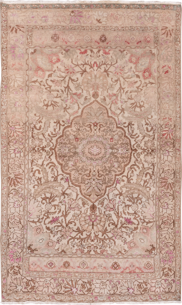 4' x 7' one-of-a-kind handmade vintage Oushak rug. Color palette: ivory, beige, taupe, blush, rose, camel, brown, gray, pink