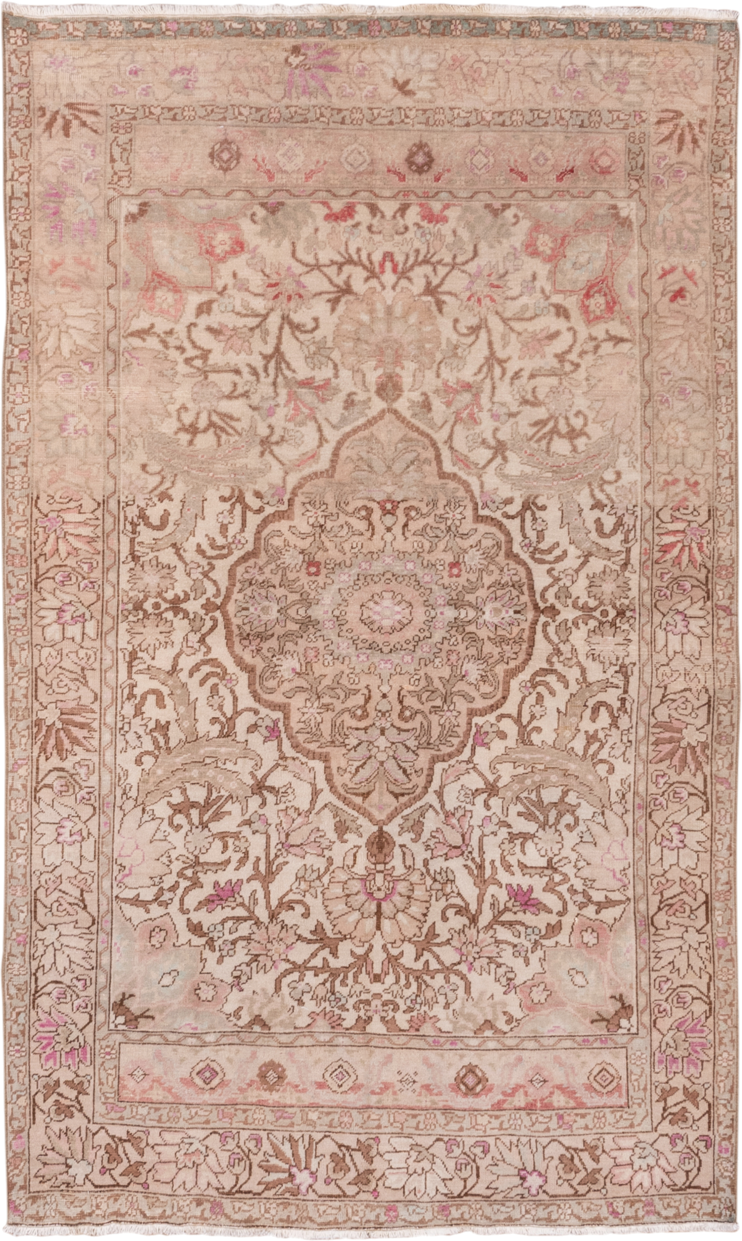 4' x 7' one-of-a-kind handmade vintage Oushak rug. Color palette: ivory, beige, taupe, blush, rose, camel, brown, gray, pink