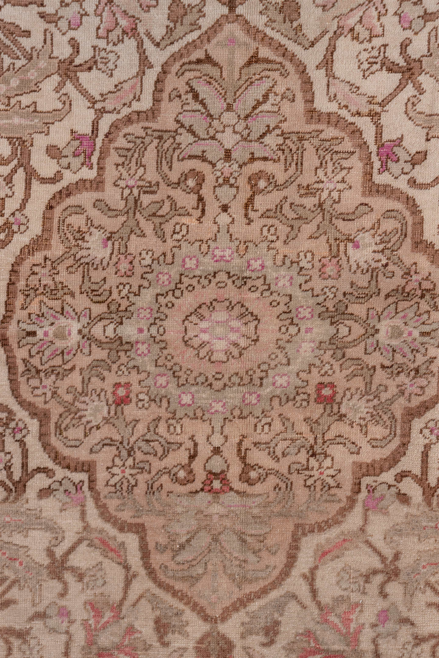 4' x 7' one-of-a-kind handmade vintage Oushak rug. Color palette: ivory, beige, taupe, blush, rose, camel, brown, gray, pink