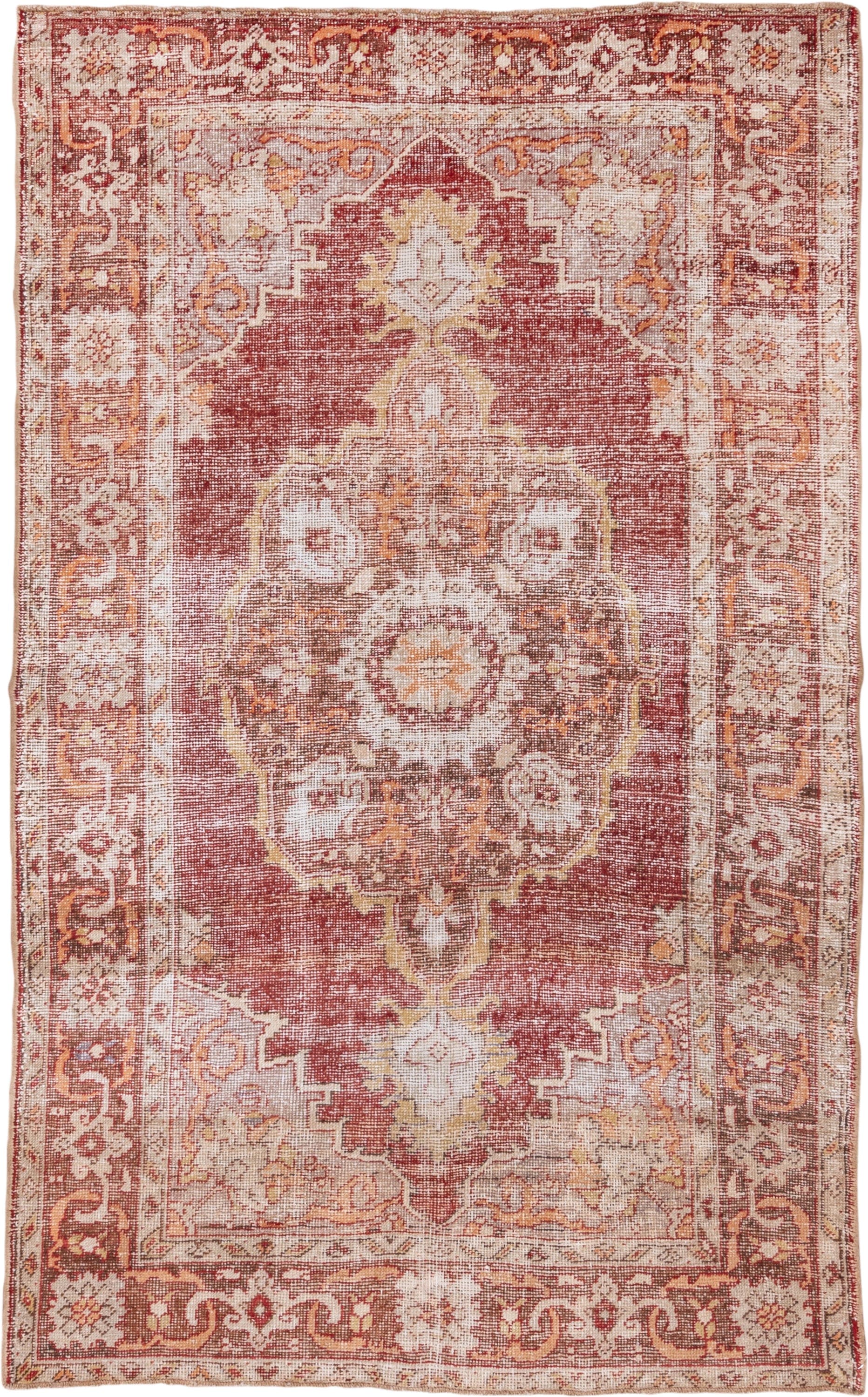 6' x 9' one-of-a-kind handmade vintage Oushak medium size rug. Color palette: terra cotta, ivory, rose, gold, rust, beige
