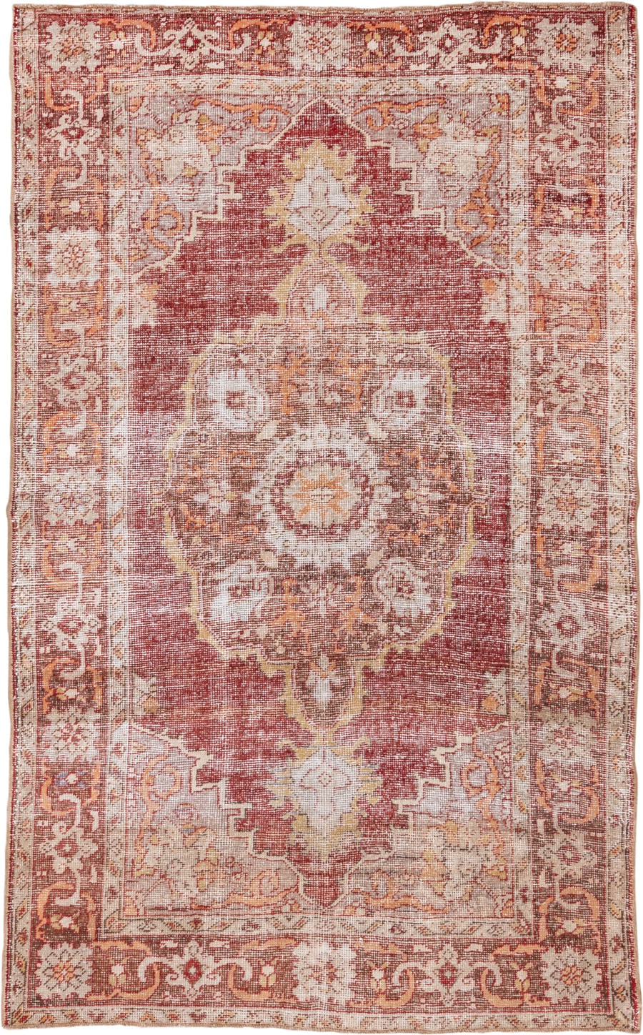 6' x 9' one-of-a-kind handmade vintage Oushak medium size rug. Color palette: terra cotta, ivory, rose, gold, rust, beige