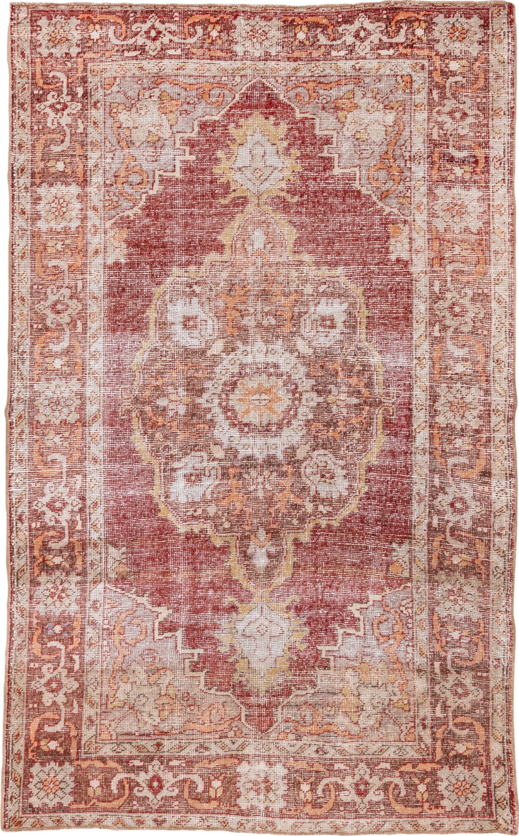 6' x 9' one-of-a-kind handmade vintage Oushak medium size rug. Color palette: terra cotta, ivory, rose, gold, rust, beige