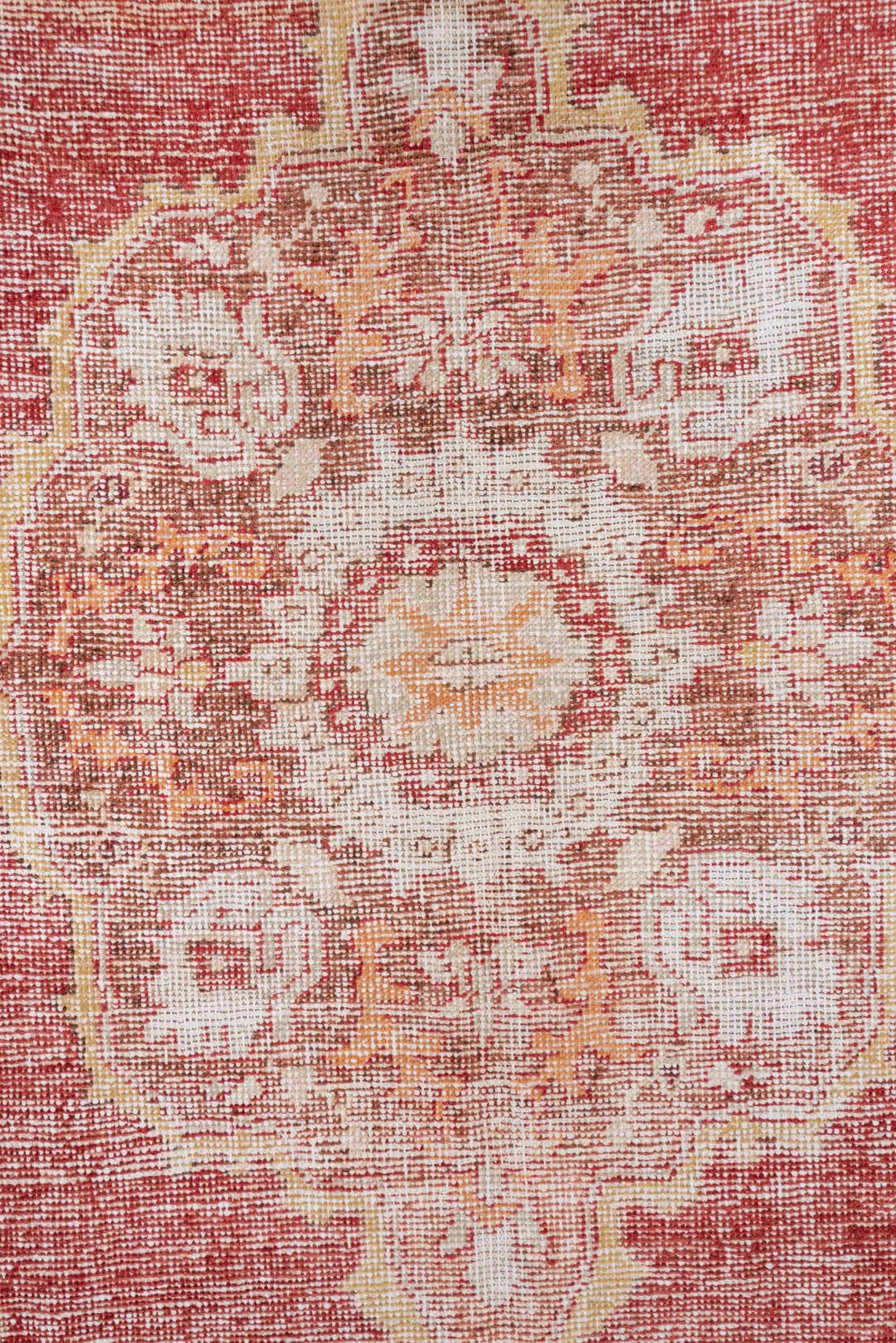 6' x 9' one-of-a-kind handmade vintage Oushak medium size rug. Color palette: terra cotta, ivory, rose, gold, rust, beige