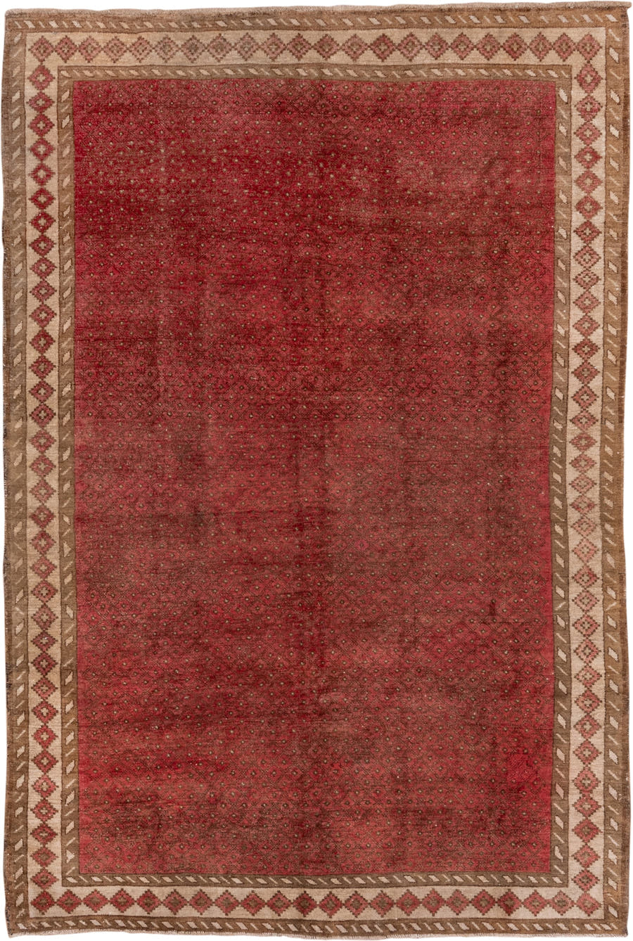 6' x 10' one-of-a-kind handmade antique Oushak large size rug. Color palette: rose, rust, camel, ivory, taupe, brown, pink