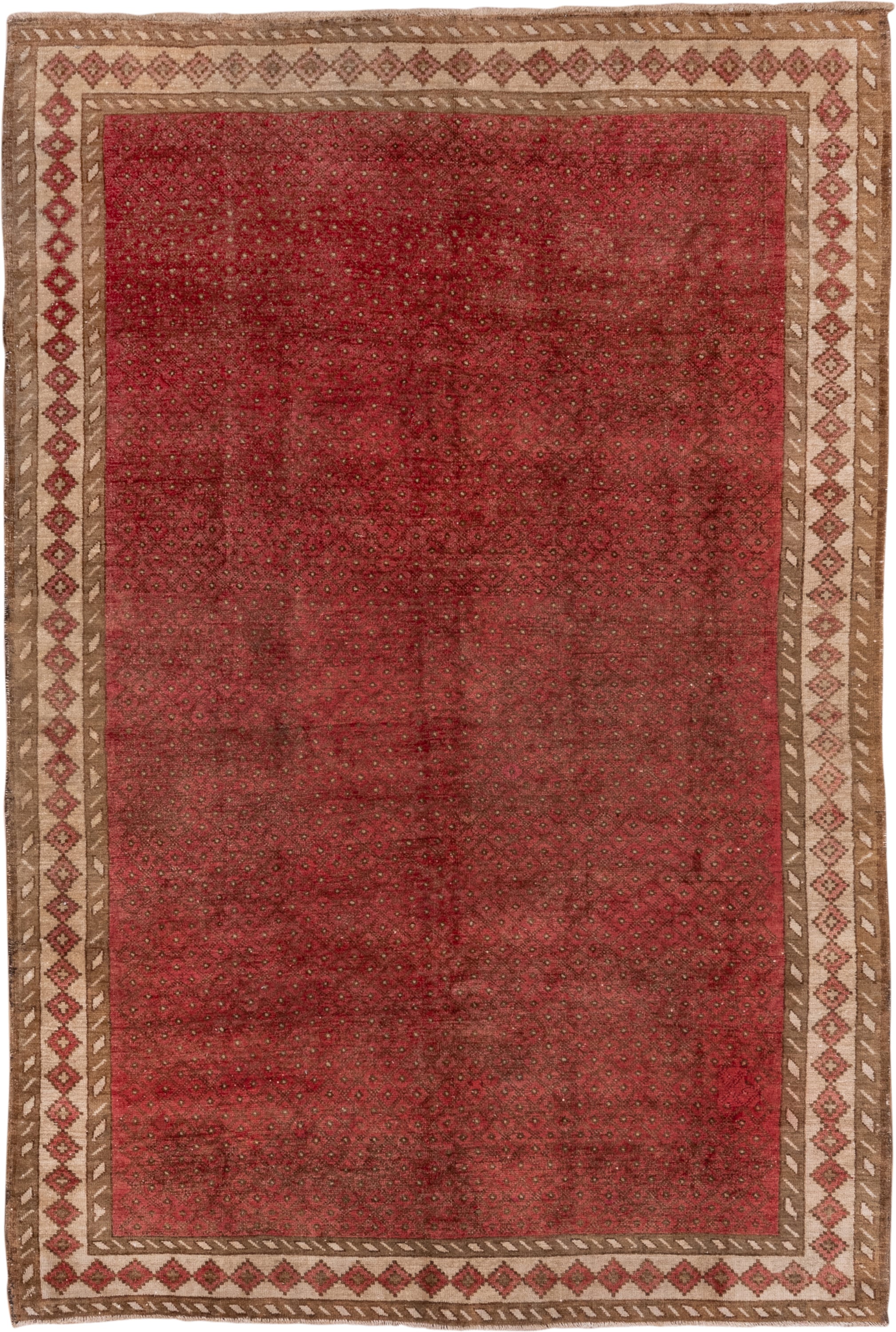 6' x 10' one-of-a-kind handmade antique Oushak large size rug. Color palette: rose, rust, camel, ivory, taupe, brown, pink