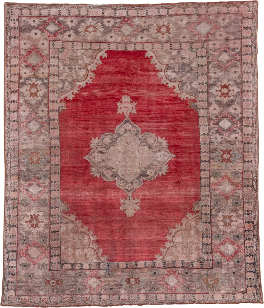7' x 8' one-of-a-kind handmade antique Oushak rug. Color palette: coral, taupe, rose, ivory, sage, rust, charcoal