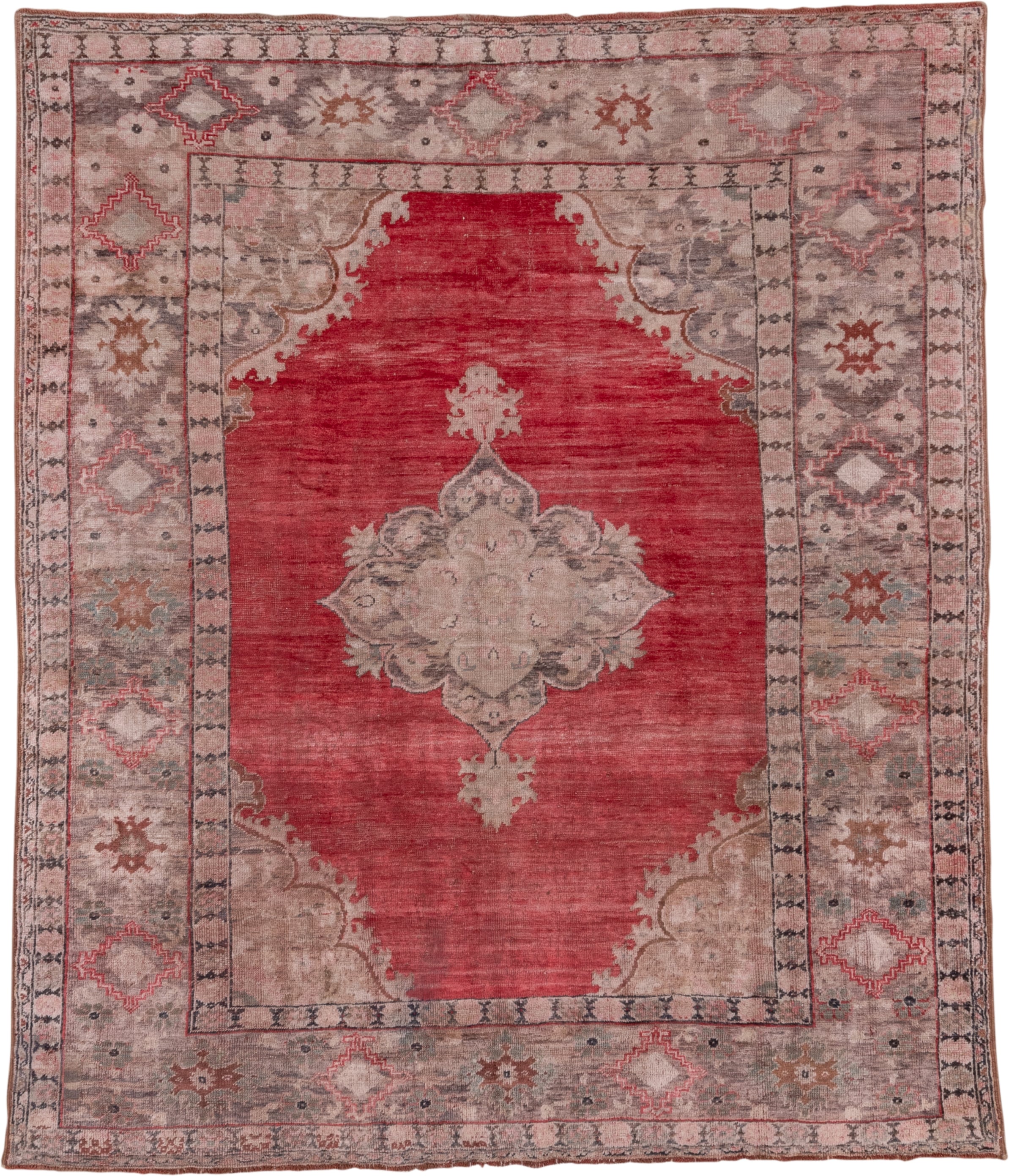 7' x 8' one-of-a-kind handmade antique Oushak rug. Color palette: coral, taupe, rose, ivory, sage, rust, charcoal