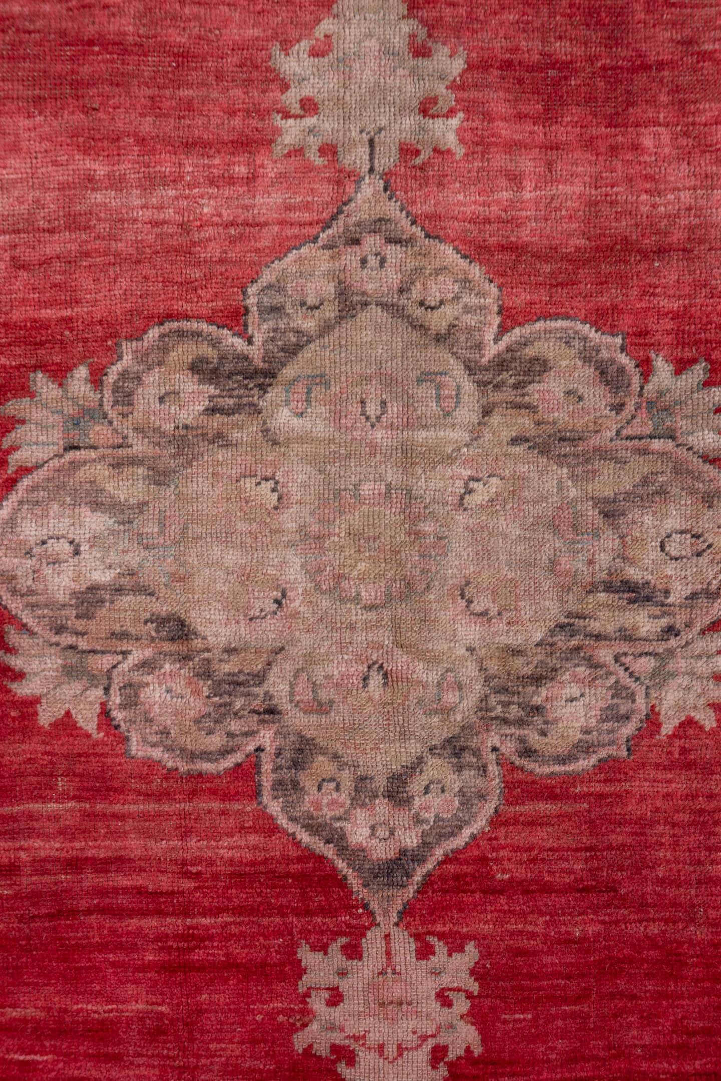 7' x 8' one-of-a-kind handmade antique Oushak rug. Color palette: coral, taupe, rose, ivory, sage, rust, charcoal