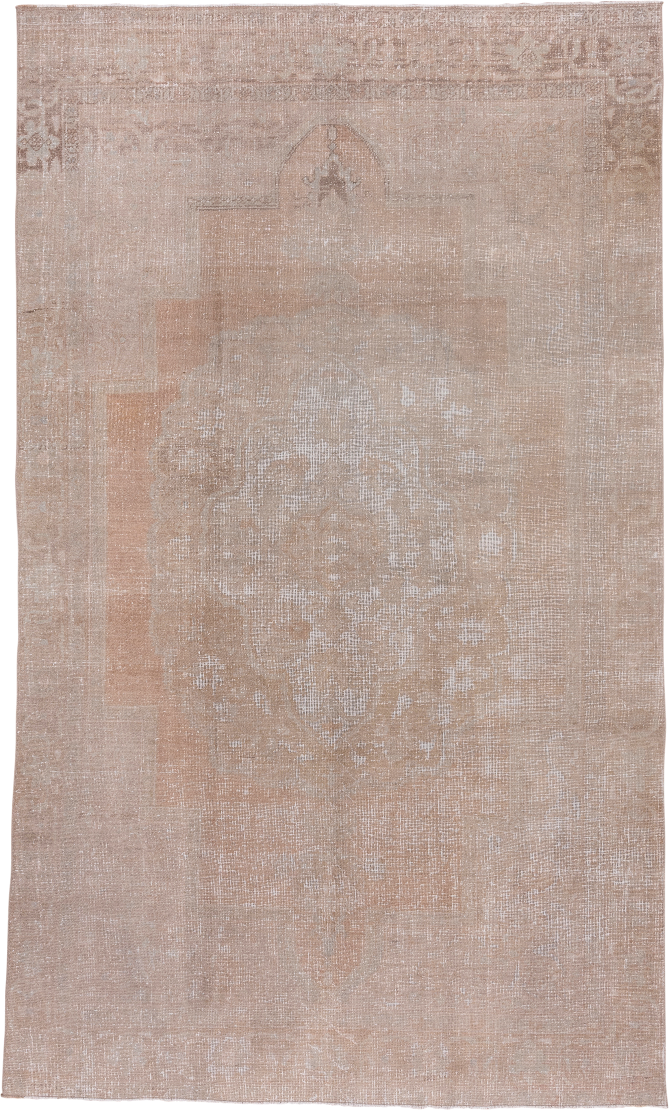 7' x 11' one-of-a-kind handmade vintage Oushak large size rug. Color palette: blush, taupe, ivory, beige, sand, pink, gray