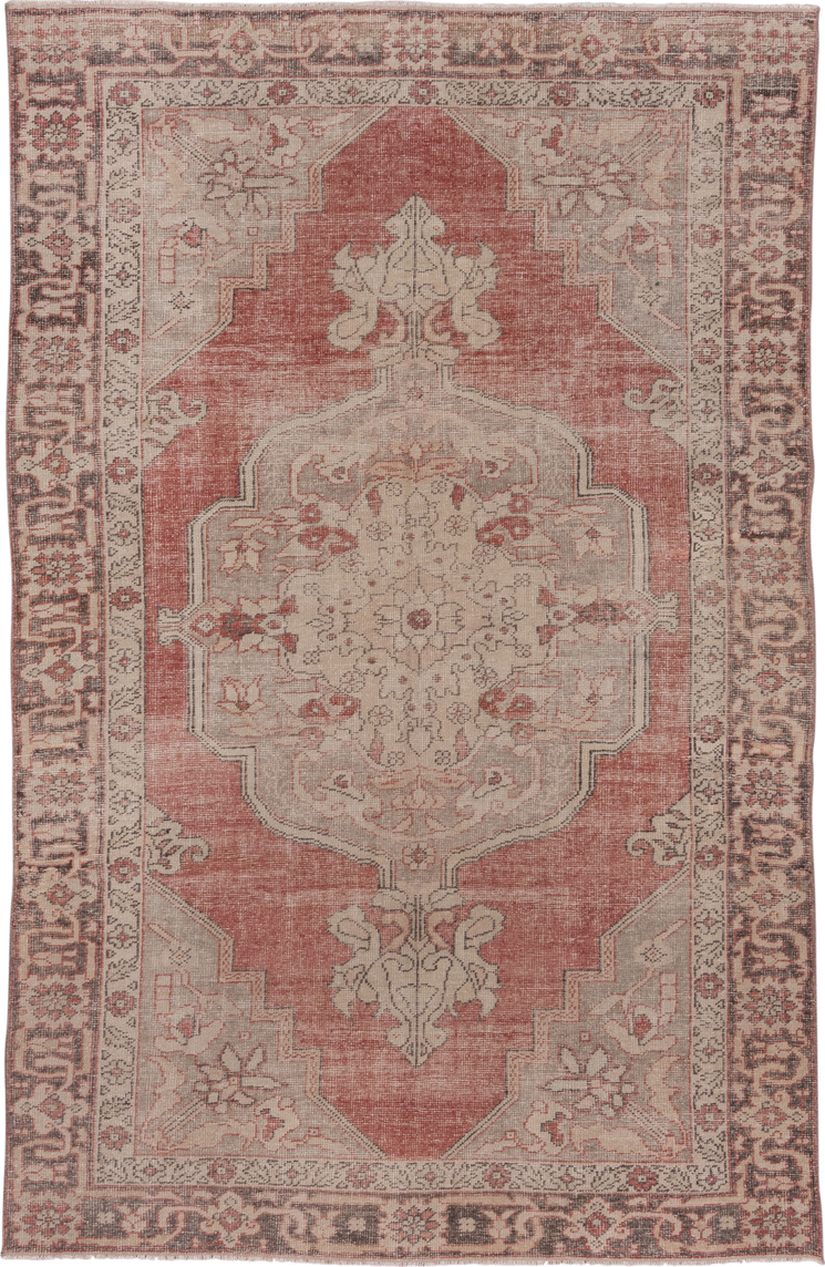 7' x 10' one-of-a-kind handmade vintage Oushak large size rug. Color palette: rose, ivory, taupe, charcoal, blush, camel