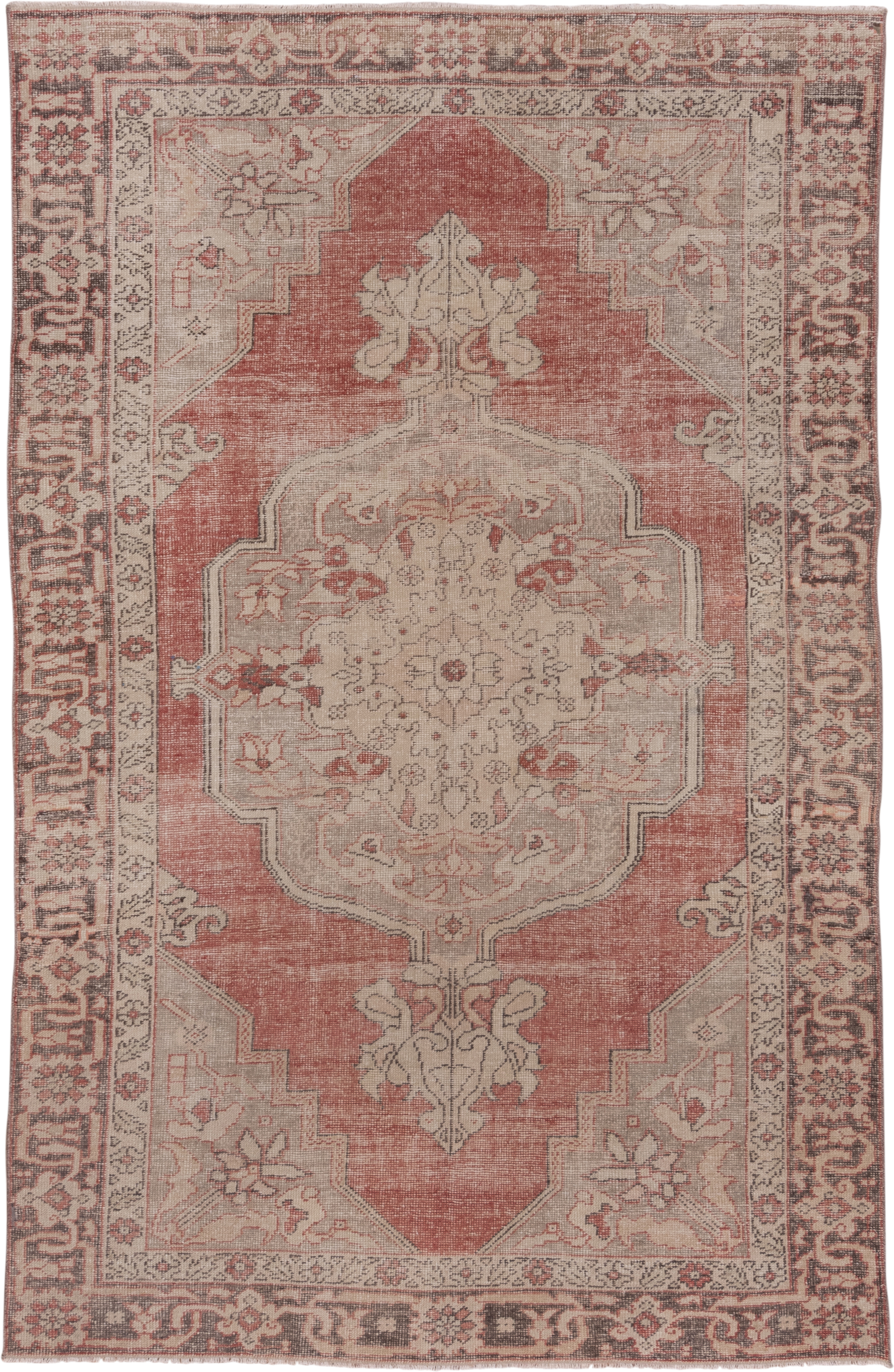 7' x 10' one-of-a-kind handmade vintage Oushak large size rug. Color palette: rose, ivory, taupe, charcoal, blush, camel
