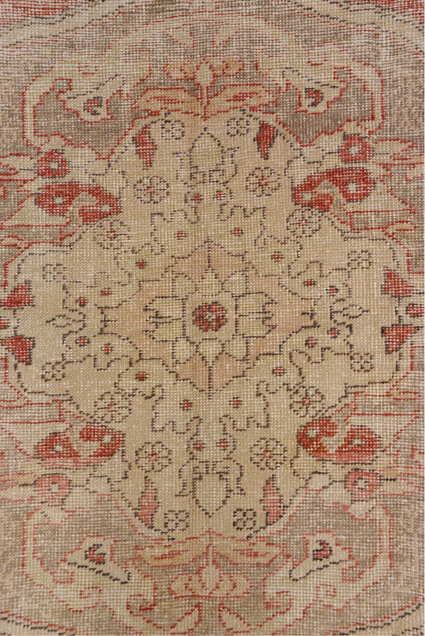 7' x 10' one-of-a-kind handmade vintage Oushak large size rug. Color palette: rose, ivory, taupe, charcoal, blush, camel