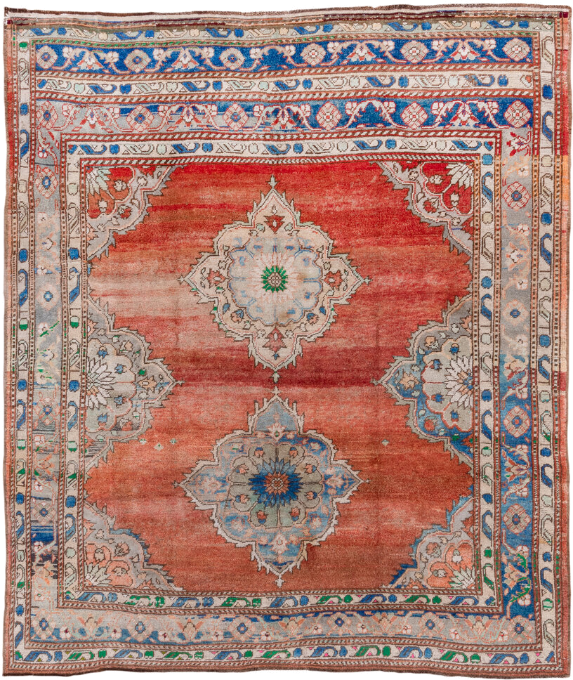 7' x 8' one-of-a-kind handmade vintage Oushak rug. Color palette: terra cotta, ivory, blue, sky blue, gray, rust, green