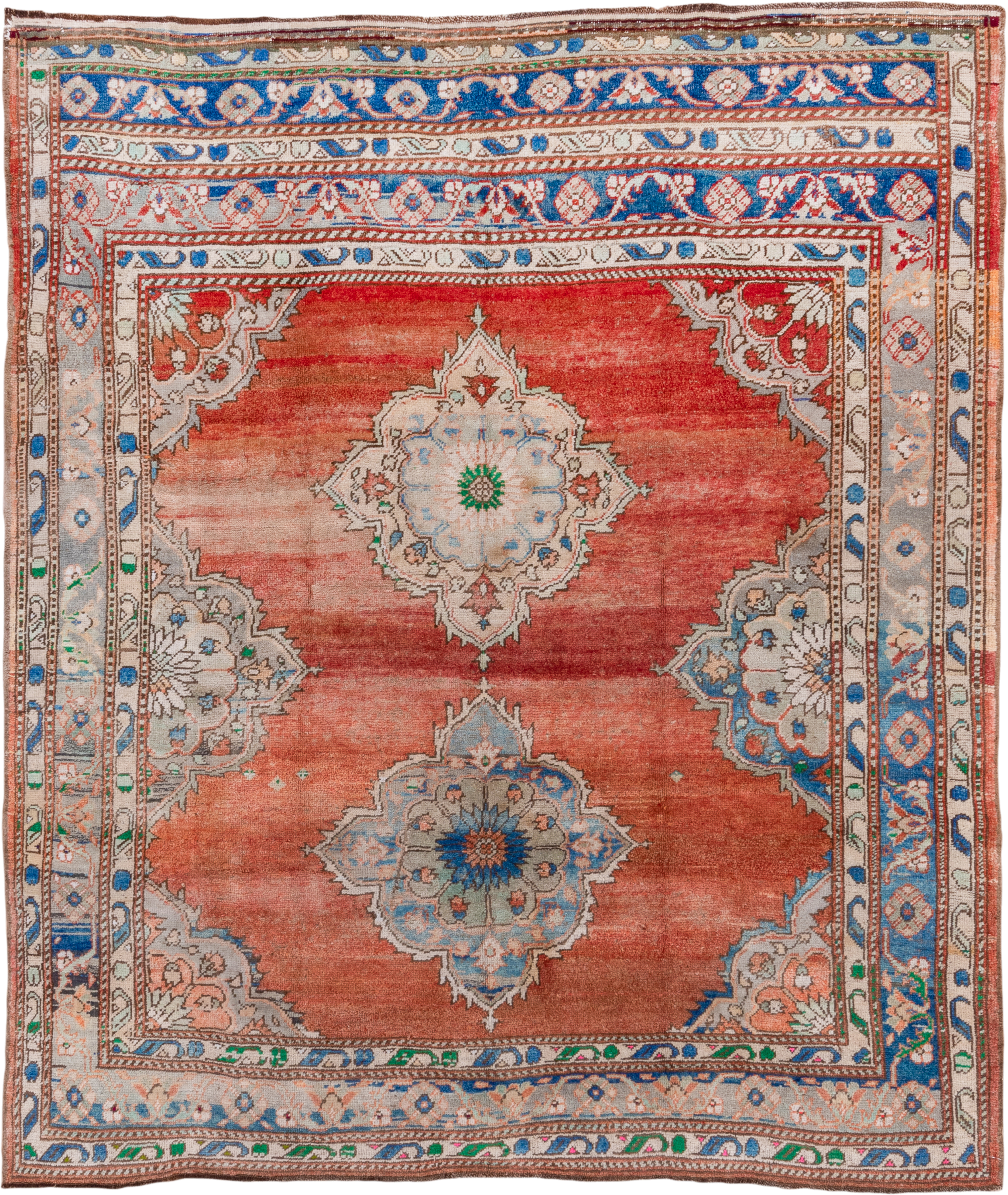 7' x 8' one-of-a-kind handmade vintage Oushak rug. Color palette: terra cotta, ivory, blue, sky blue, gray, rust, green