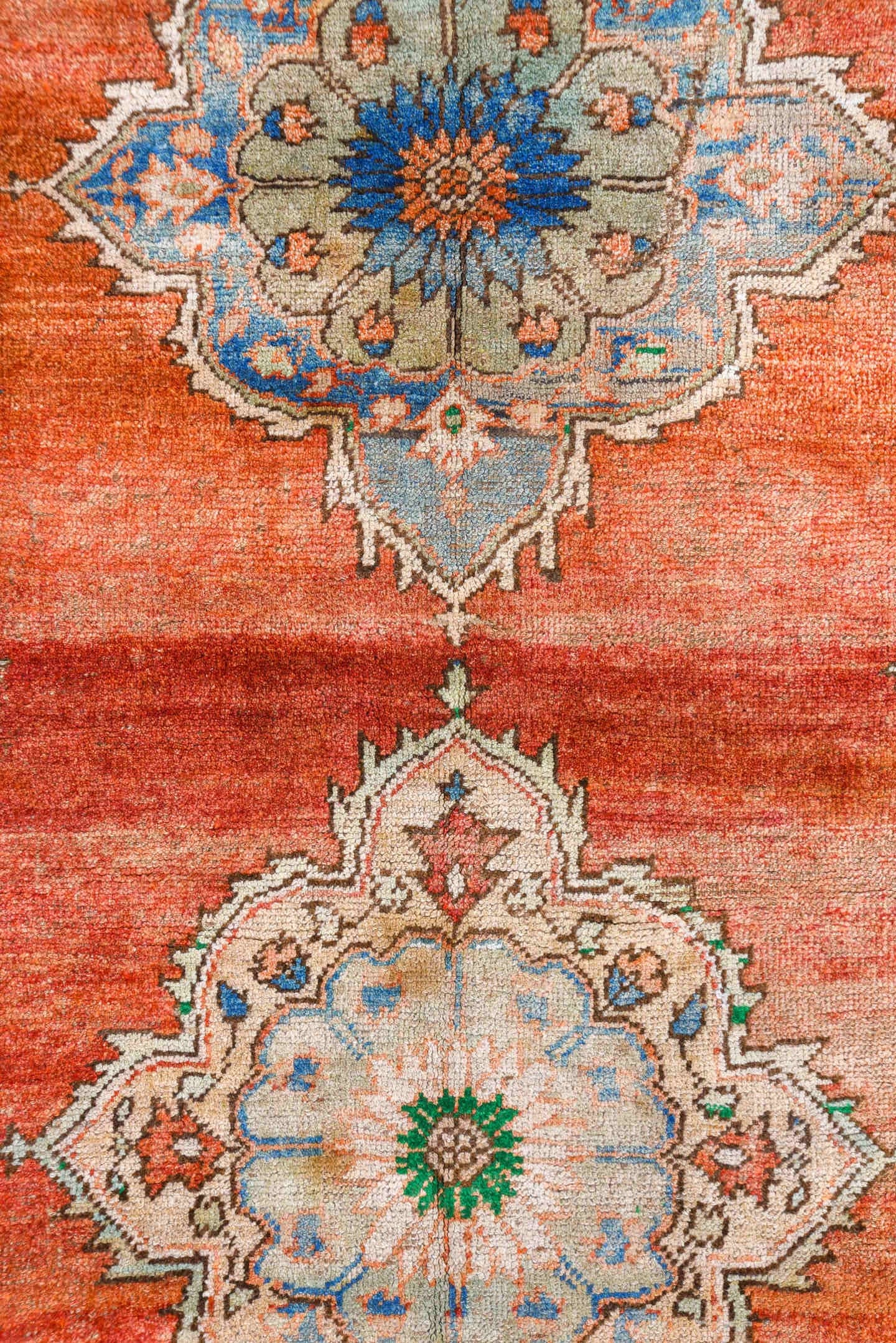 7' x 8' one-of-a-kind handmade vintage Oushak rug. Color palette: terra cotta, ivory, blue, sky blue, gray, rust, green