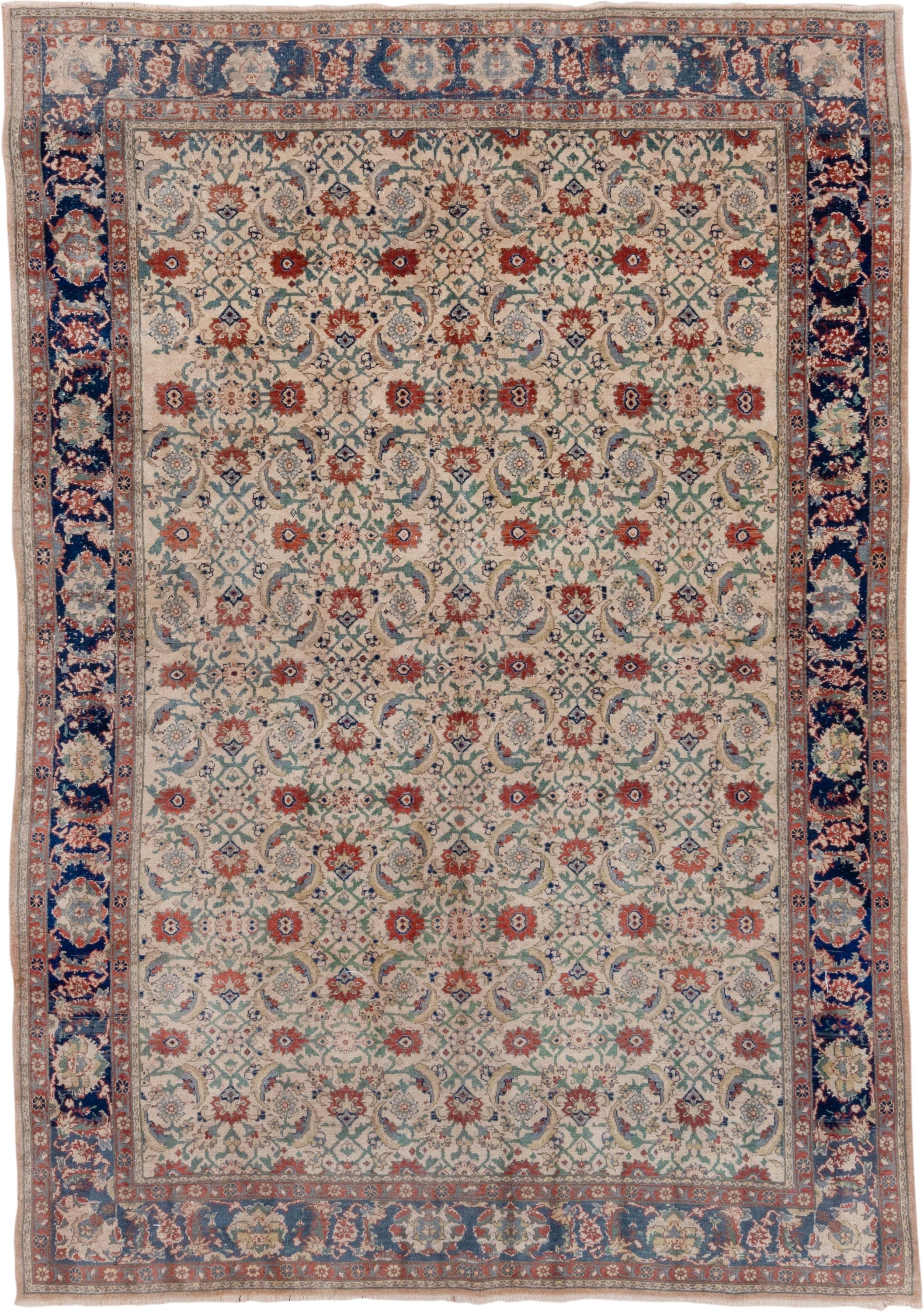 6' x 9' one-of-a-kind handmade vintage Sivas medium size rug. Color palette: ivory, navy, rust, sage, sky blue, rose, taupe