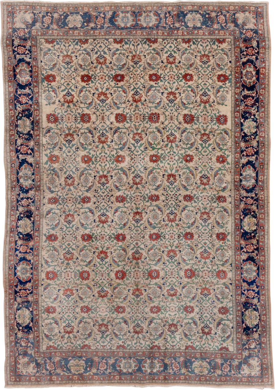 6' x 9' one-of-a-kind handmade vintage Sivas medium size rug. Color palette: ivory, navy, rust, sage, sky blue, rose, taupe