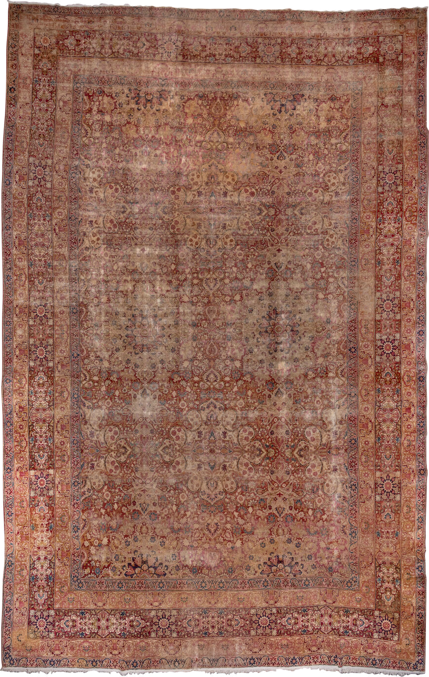 12' x 19' one-of-a-kind handmade vintage Lavar oversize rug. Color palette: rose, terra cotta, ivory, beige, muted blue