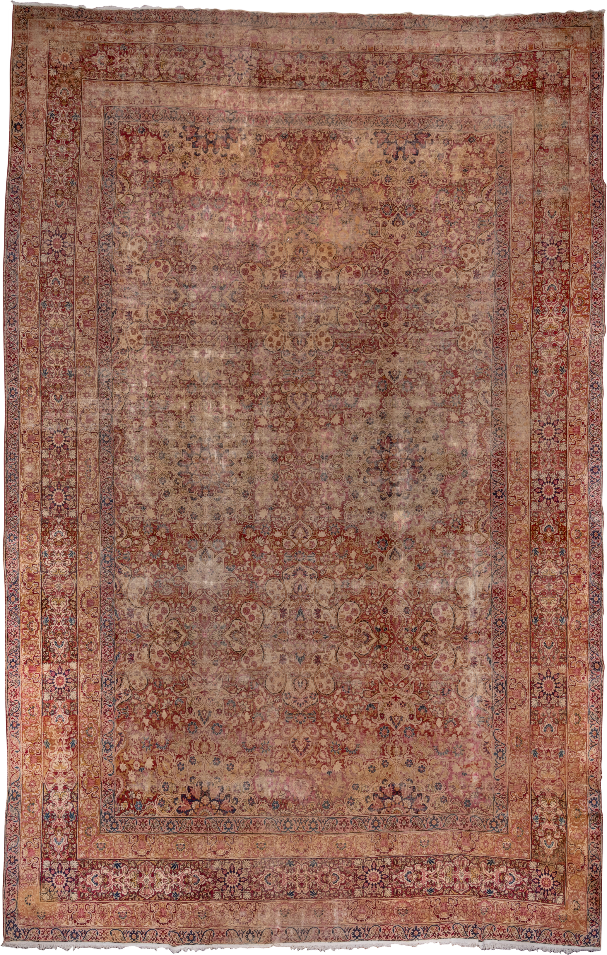 12' x 19' one-of-a-kind handmade vintage Lavar oversize rug. Color palette: rose, terra cotta, ivory, beige, muted blue