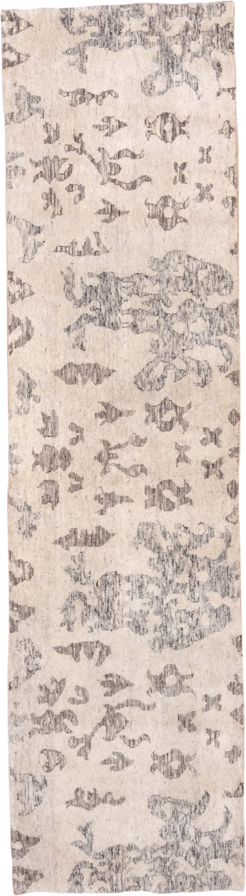 2' x 10' one-of-a-kind handmade vintage Padah runner rug. Color palette: ivory, charcoal, taupe, cream, gray, black, beige