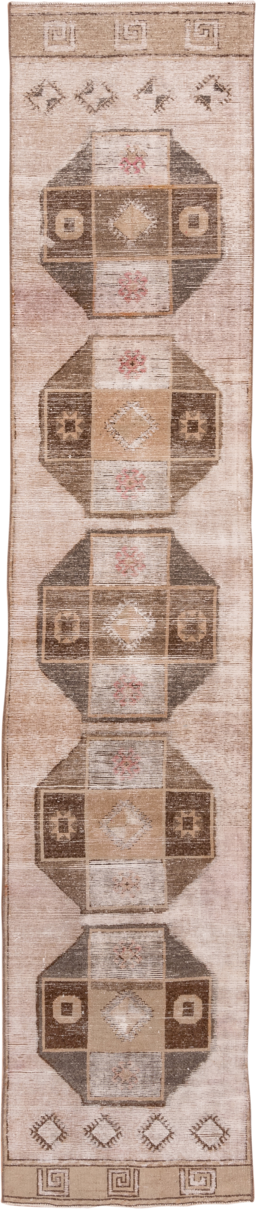 2' x 13' one-of-a-kind handmade vintage Oushak runner rug. Color palette: blush, taupe, brown, ivory, rose, camel, pink