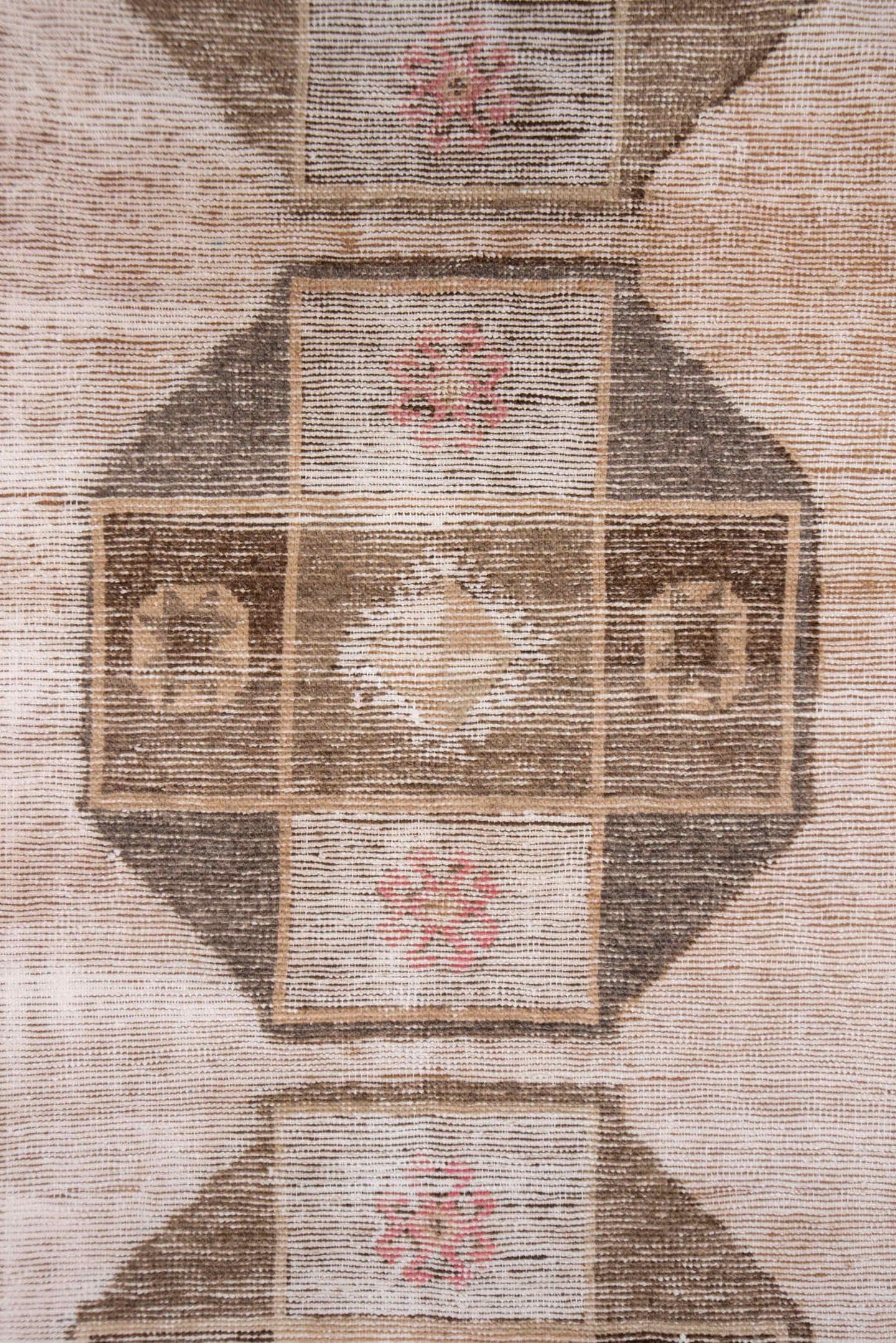 2' x 13' one-of-a-kind handmade vintage Oushak runner rug. Color palette: blush, taupe, brown, ivory, rose, camel, pink