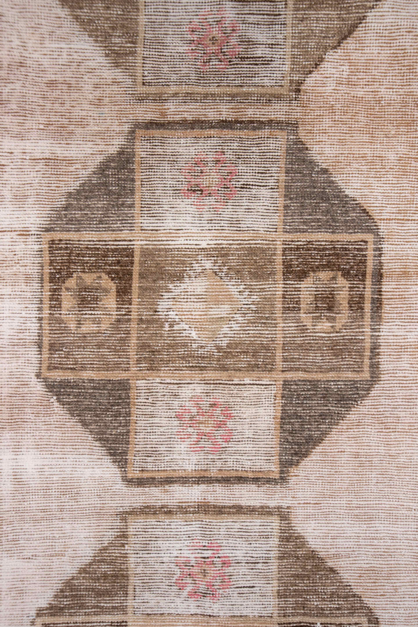 2' x 13' one-of-a-kind handmade vintage Oushak runner rug. Color palette: blush, taupe, brown, ivory, rose, camel, pink