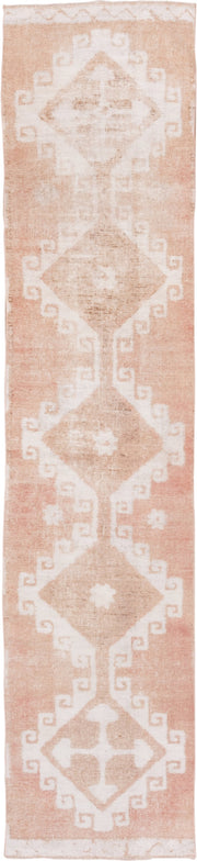 2' x 12' one-of-a-kind handmade vintage Oushak runner rug. Color palette: blush, ivory, peach, beige, pink, terracotta