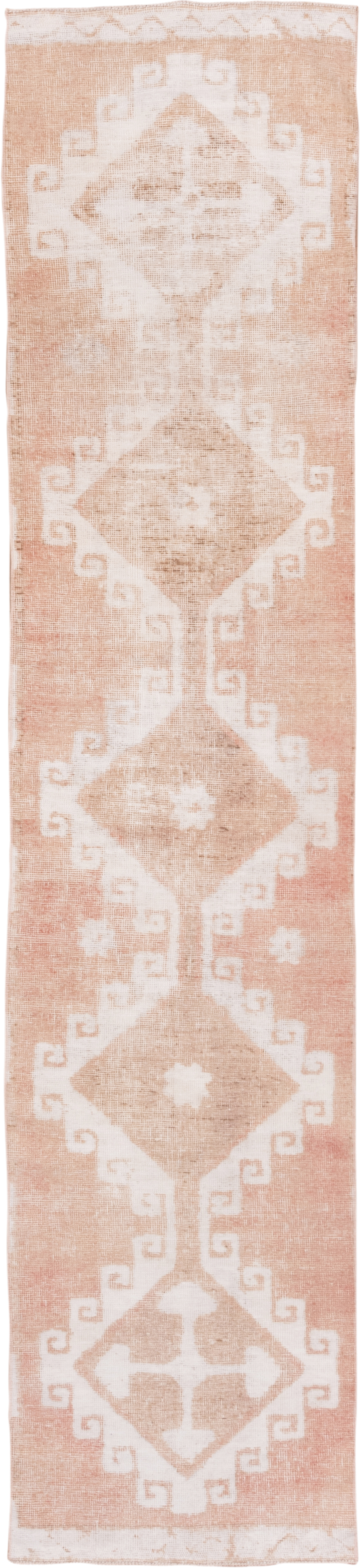 2' x 12' one-of-a-kind handmade vintage Oushak runner rug. Color palette: blush, ivory, peach, beige, pink, terracotta
