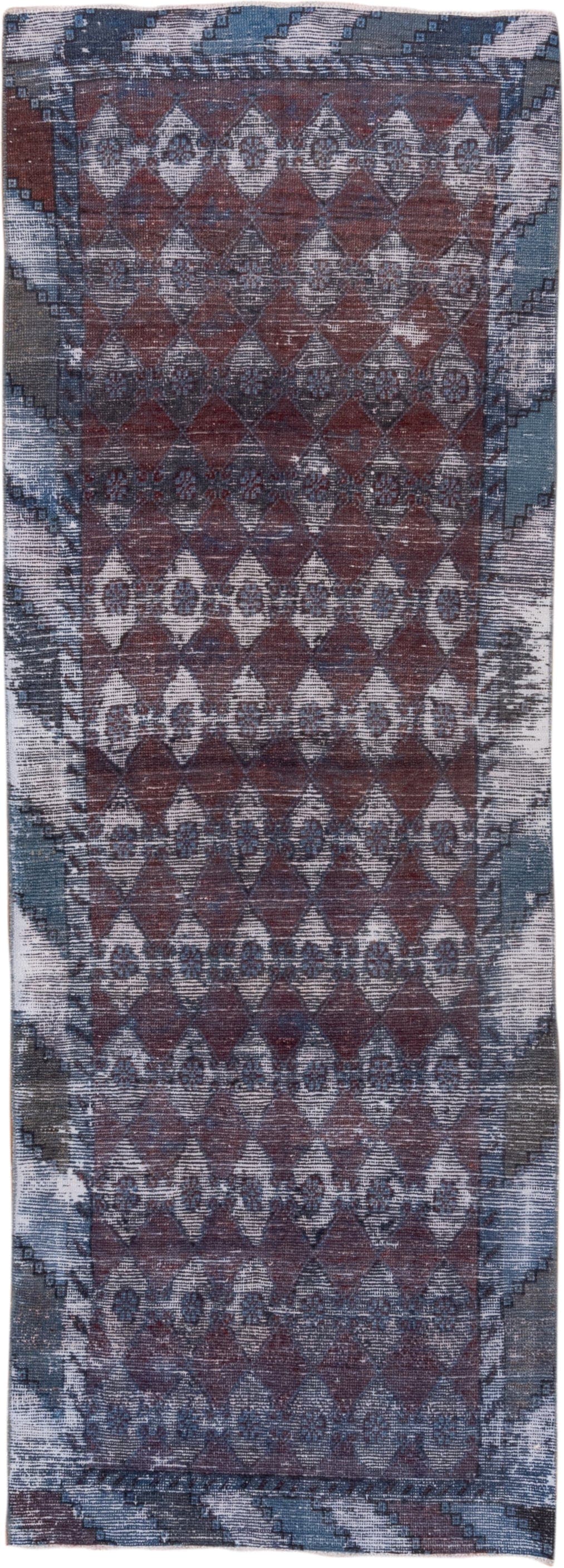 3' x 8' one-of-a-kind handmade vintage Overdyed runner rug. Color palette: burgundy, slate, ivory, charcoal, indigo, taupe