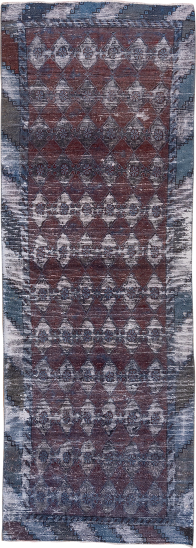 3' x 8' one-of-a-kind handmade vintage Overdyed runner rug. Color palette: blue, brown, gray, light blue, light gray