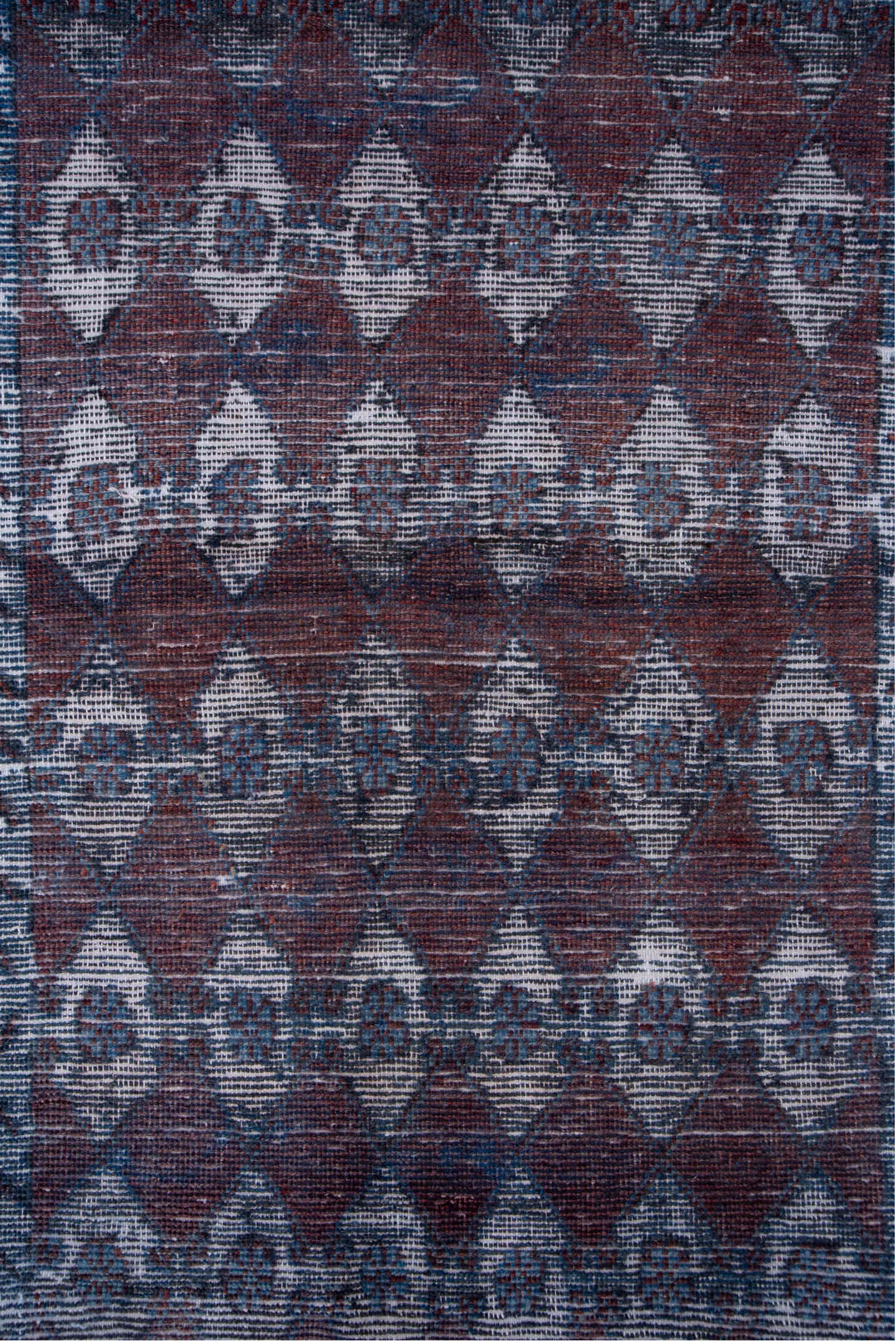 3' x 8' one-of-a-kind handmade vintage Overdyed runner rug. Color palette: blue, brown, gray, light blue, light gray