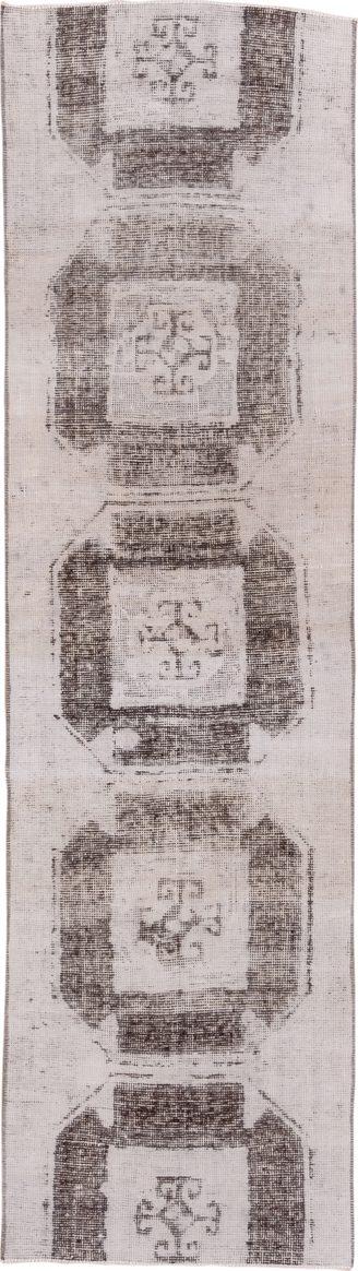 2' x 9' one-of-a-kind handmade vintage Oushak runner rug. Color palette: black, gray, light gray, off-white, pink, silver