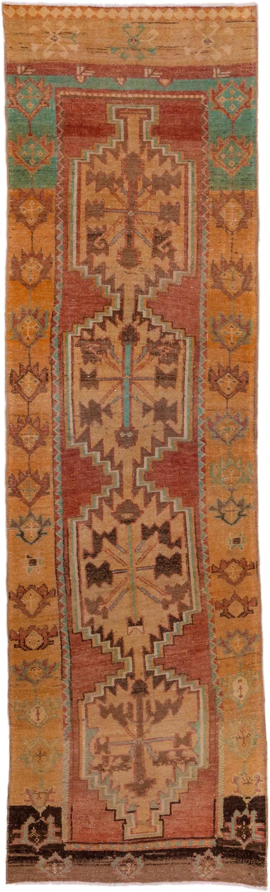 2' x 10' one-of-a-kind handmade vintage Oushak runner rug. Color palette: terra cotta, camel, tan, turquoise, brown, ivory