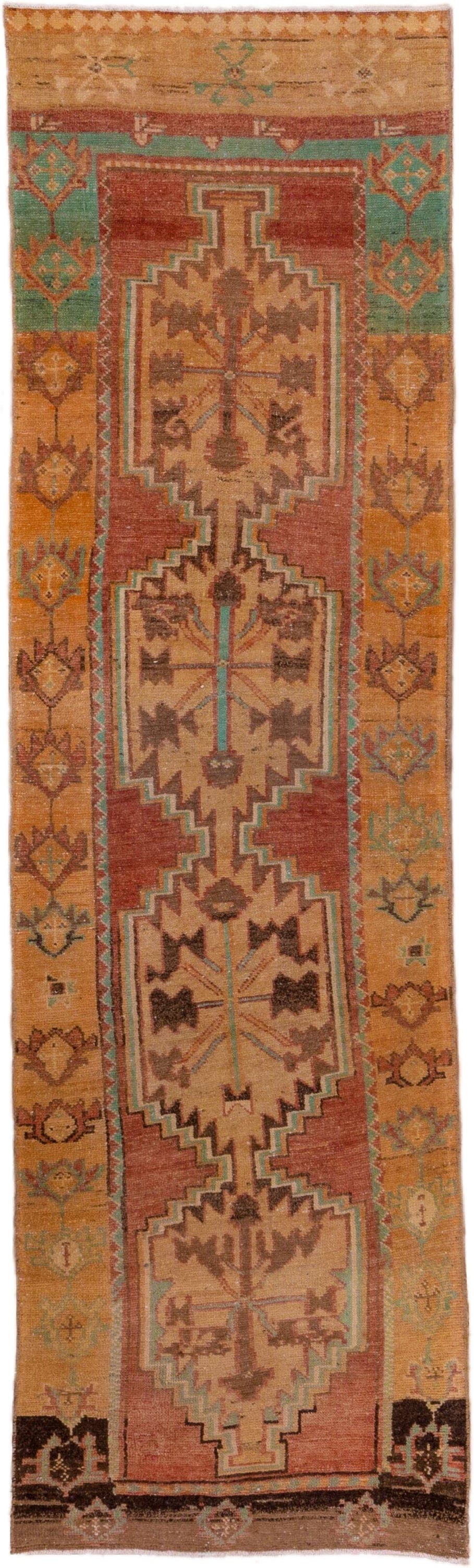 2' x 10' one-of-a-kind handmade vintage Oushak runner rug. Color palette: terra cotta, camel, tan, turquoise, brown, ivory