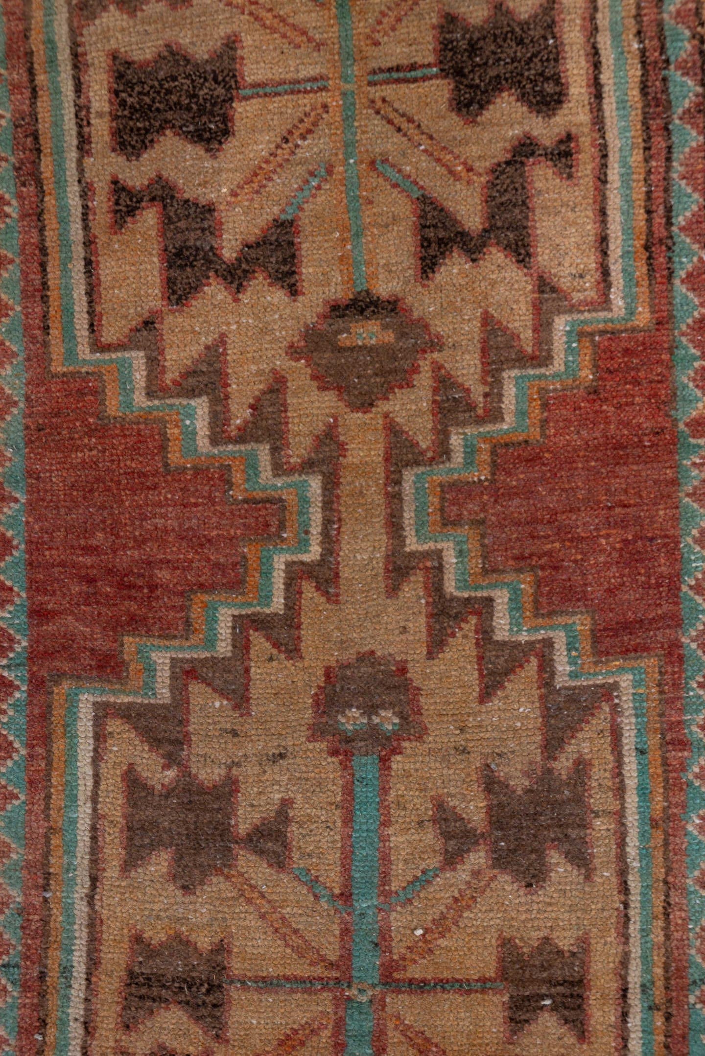 2' x 10' one-of-a-kind handmade vintage Oushak runner rug. Color palette: terra cotta, camel, tan, turquoise, brown, ivory