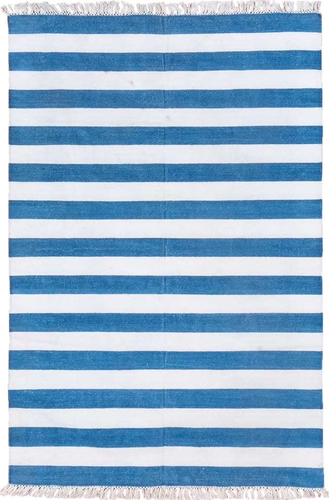 4' x 6' one-of-a-kind handmade vintage Dhurrie small size rug. Color palette: ivory, blue