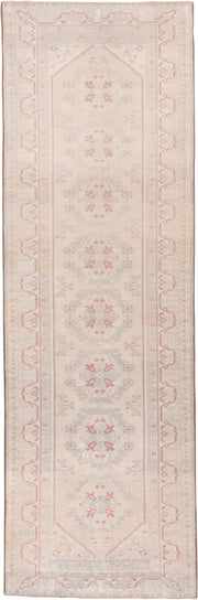 2' x 9' one-of-a-kind handmade vintage Oushak runner rug. Color palette: ivory, blush, pale blue, cream, taupe, rose, pink
